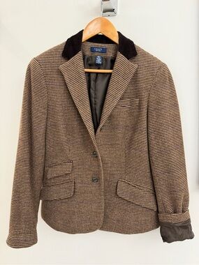 Ralph Lauren Chaps Brown/Burgundy Houndstooth Tweed Blazer with Dark Collar